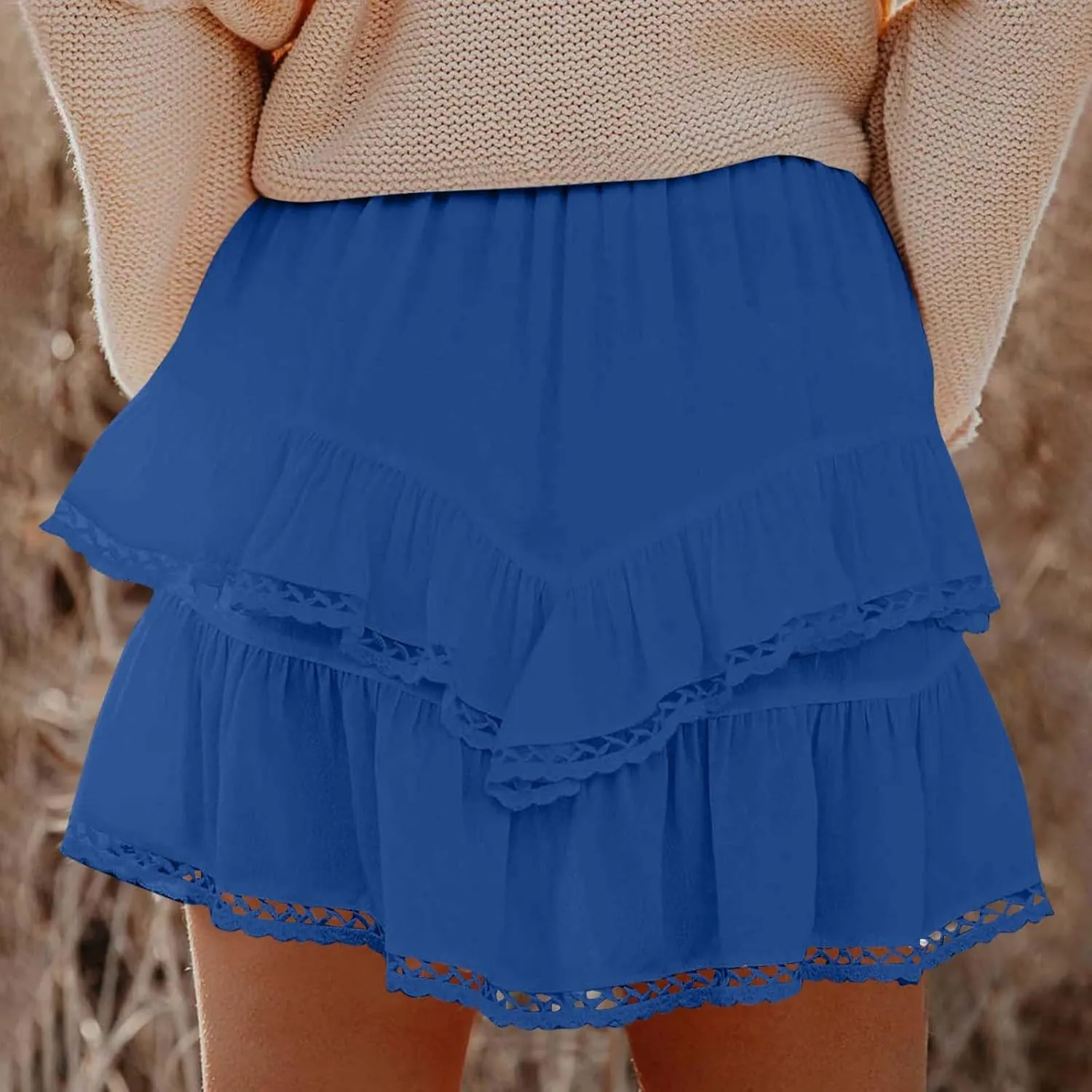 Flowy Boho Shorts for Women Casual Ruffle Tiered Skort Short High Waist Mini Skirts Golf Tennis Lace Crochet Short