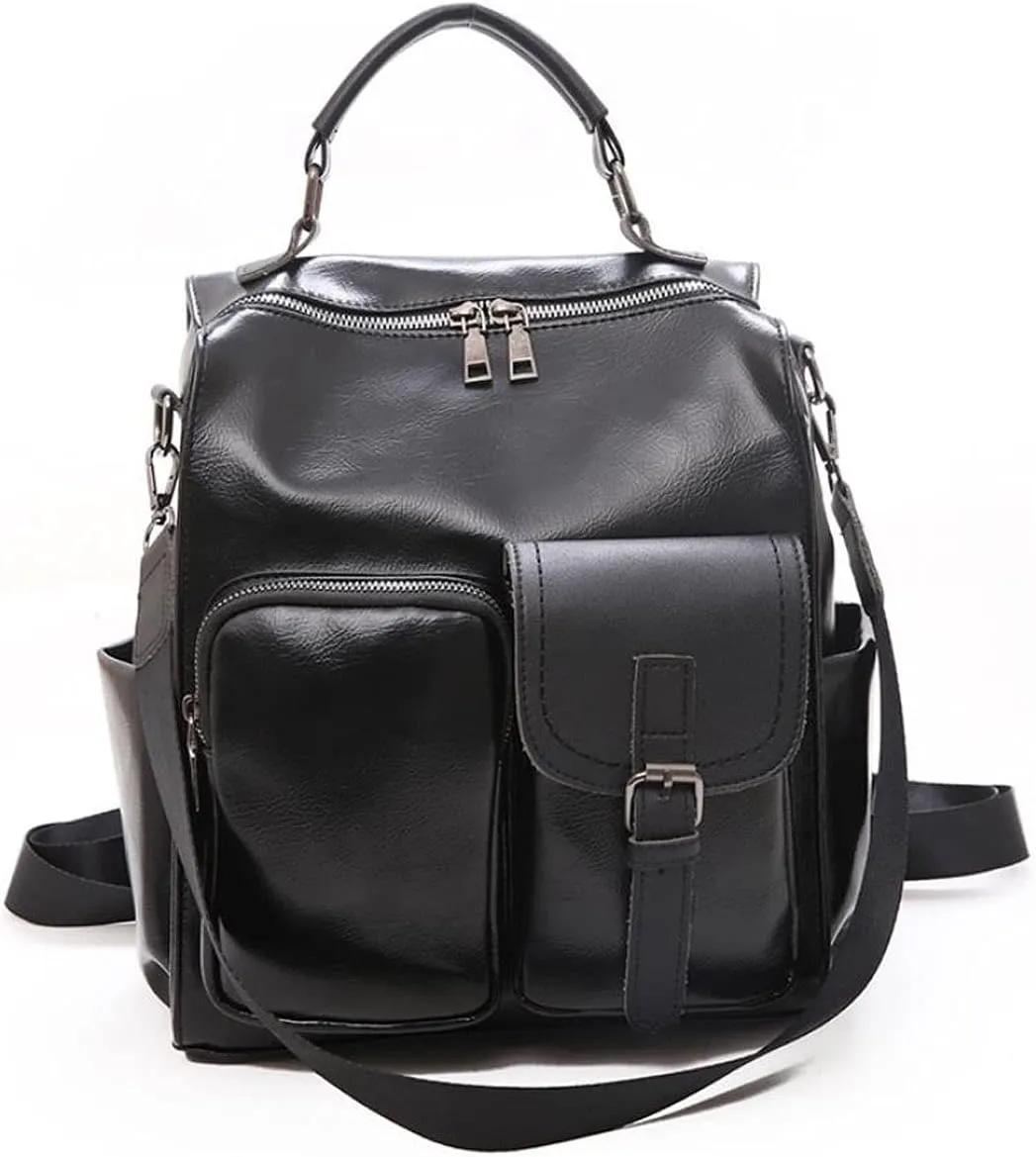 for women PU Ladies Leather Backpack Chool Bags Backpacks Female Business (Black)