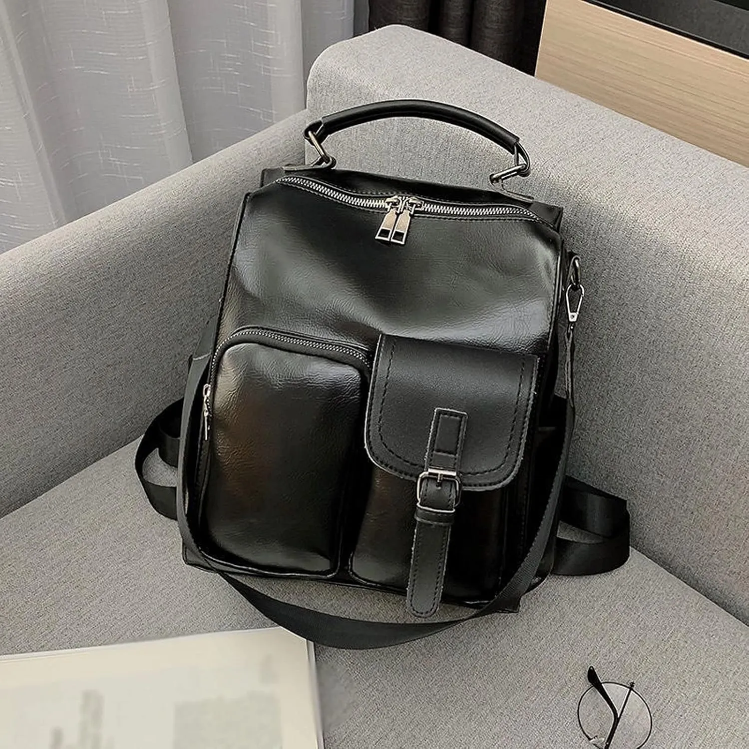 for women PU Ladies Leather Backpack Chool Bags Backpacks Female Business (Black)