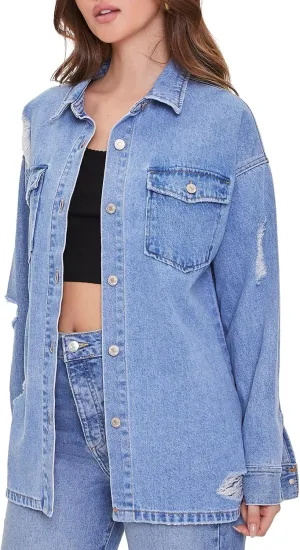 Forever 21 Women's Denim Distressed Shacket