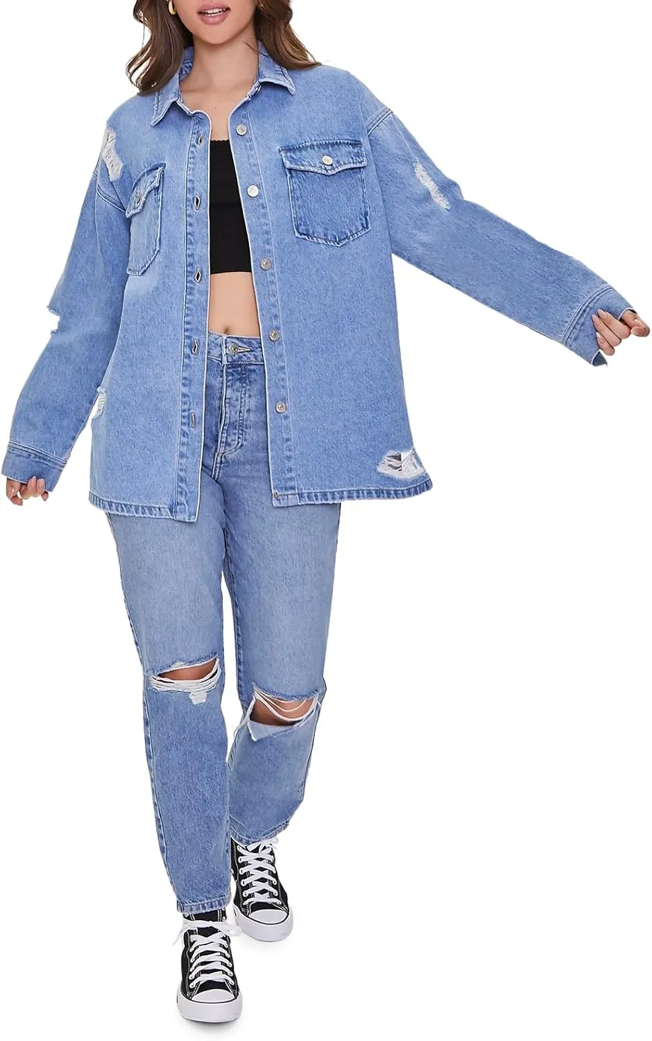 Forever 21 Women's Denim Distressed Shacket