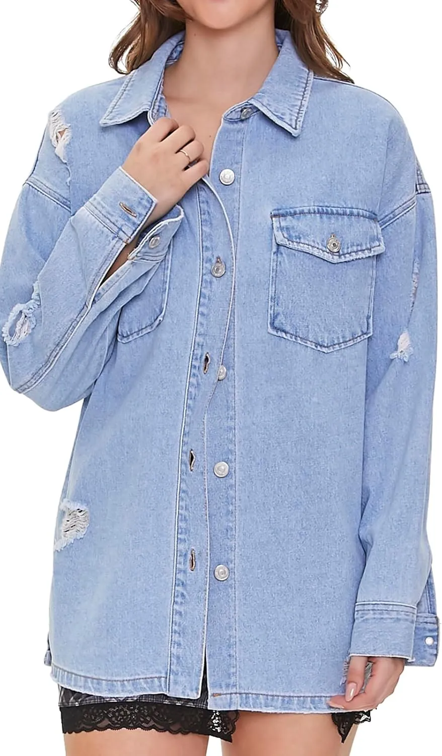 Forever 21 Women's Denim Distressed Shacket