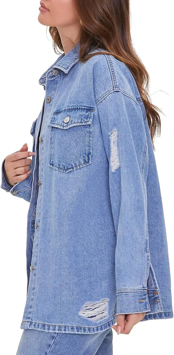 Forever 21 Women's Denim Distressed Shacket