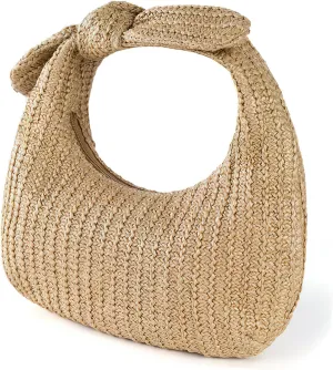 FRCOLOR Lady Hand Bags Polyester Purse Bow Straw Bag Zipper Beach Bag Wicker Bag Stylish Summer Handbag