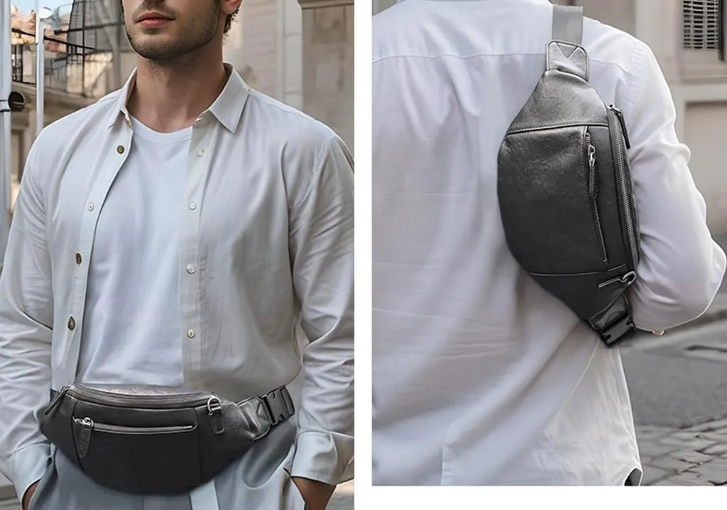 Genuine Leather Belt Bag Multi Pocketed Waist Bag Hands-free Crossbody Bag for Men 2 Pockets Black