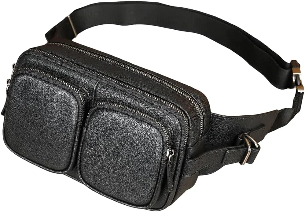 Genuine Leather Belt Bag Multi Pocketed Waist Bag Hands-free Crossbody Bag for Men 2 Pockets Black