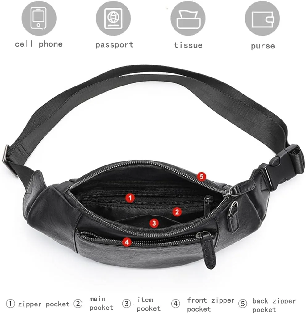 Genuine Leather Belt Bag Multi Pocketed Waist Bag Hands-free Crossbody Bag for Men 2 Pockets Black
