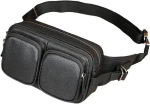Genuine Leather Belt Bag Multi Pocketed Waist Bag Hands-free Crossbody Bag for Men 2 Pockets Black