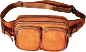 Genuine Leather Belt Bag Multi Pocketed Waist Bag Hands-free Crossbody Bag for Men 2 Pockets Brown