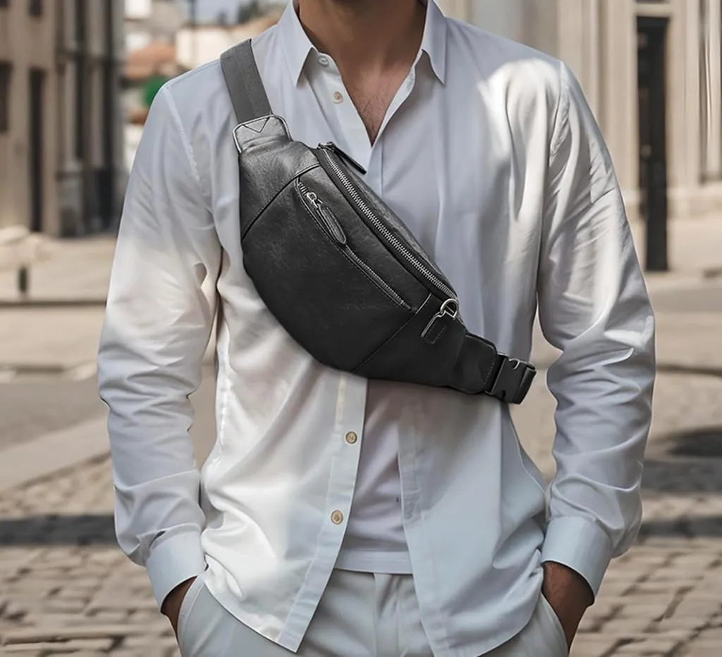 Genuine Leather Belt Bag Multi Pocketed Waist Bag Hands-free Crossbody Bag for Men 2 Zips Coffee