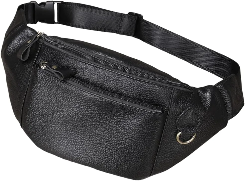 Genuine Leather Belt Bag Multi Pocketed Waist Bag Hands-free Crossbody Bag for Men 2 Zips Coffee