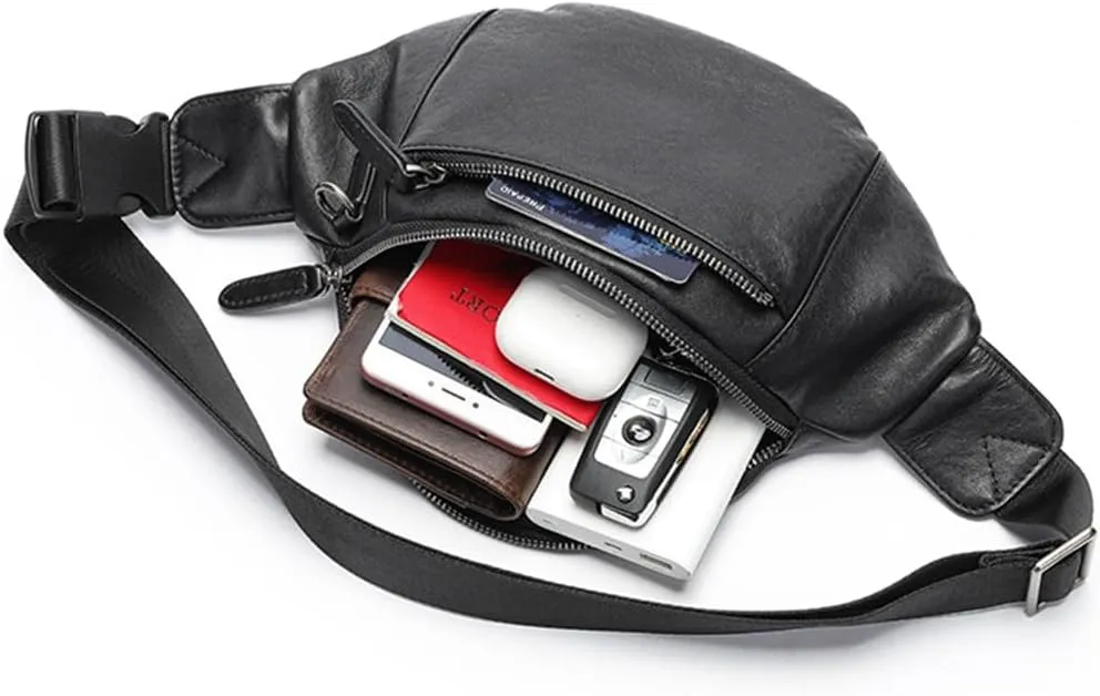 Genuine Leather Belt Bag Multi Pocketed Waist Bag Hands-free Crossbody Bag for Men 2 Zips Coffee