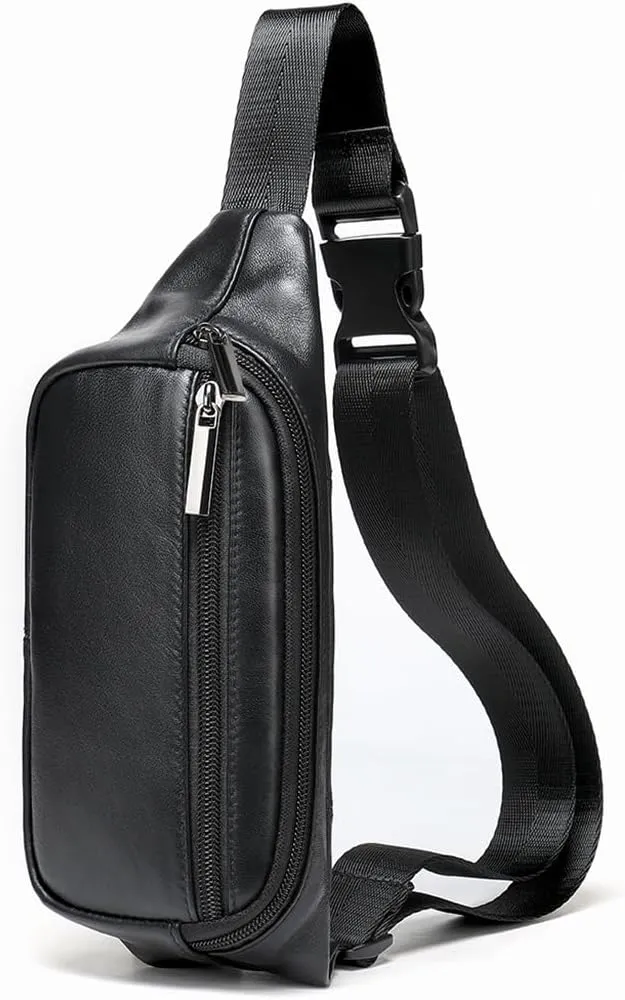 Genuine Leather Belt Bag Multi Pocketed Waist Bag Hands-free Crossbody Bag for Men Square Black