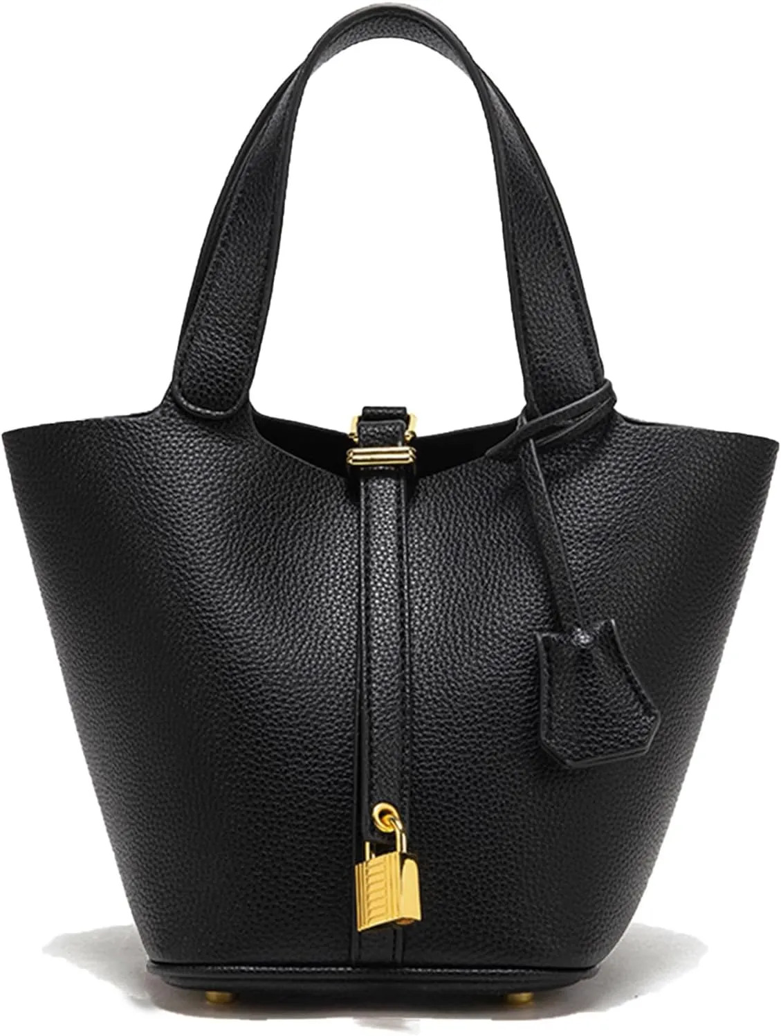 Genuine Leather Bucket Bag for Women Stylish Lock Tote Handbag with Lychee Texture for Office or Travel