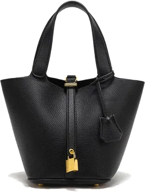 Genuine Leather Bucket Bag for Women Stylish Lock Tote Handbag with Lychee Texture for Office or Travel