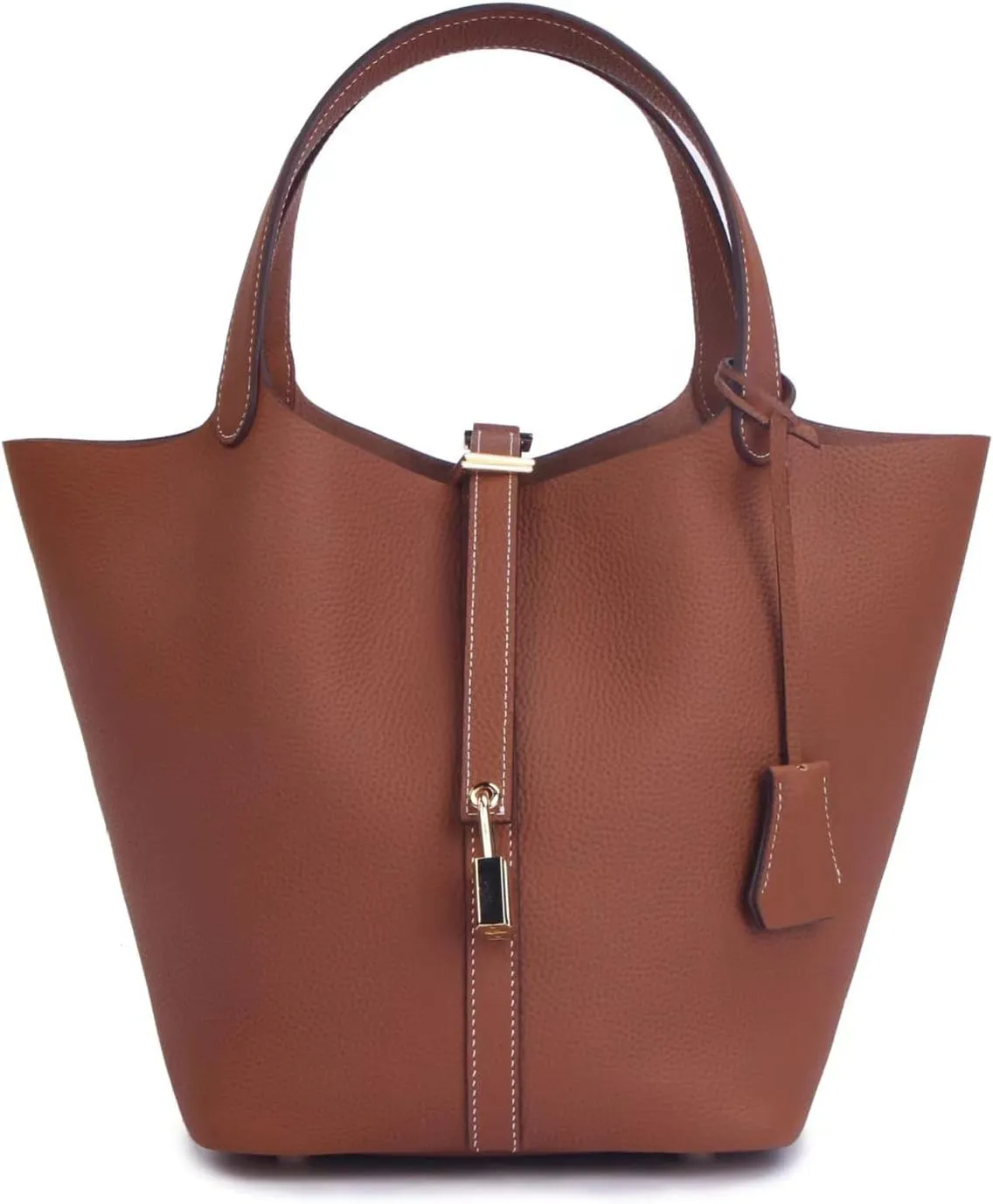 Genuine Leather Purses and Soft Bucket Bags, Stylish Lock Design Solid Color Tote Bag, Lychee Pattern Basket Bags