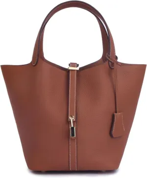 Genuine Leather Purses and Soft Bucket Bags, Stylish Lock Design Solid Color Tote Bag, Lychee Pattern Basket Bags