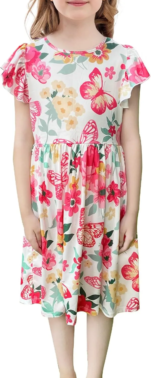 Girls Butterfly Floral Boho Dress with Flutter Ruffle Sleeves - Summer Casual Holiday Sundress Flower Print Beach Dress 7-8 Years
