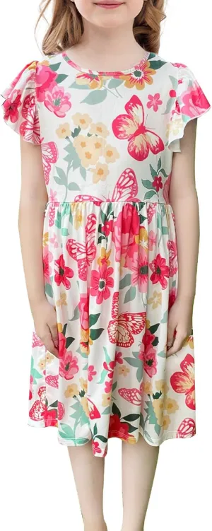Girls Butterfly Floral Boho Dress with Flutter Ruffle Sleeves - Summer Casual Holiday Sundress Flower Print Beach Dress 7-8 Years