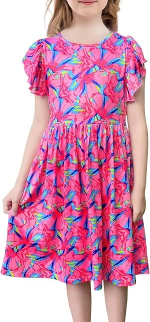 Girls Floral Boho Dress with Flutter Ruffle Sleeves - Summer Casual Holiday Sundress Flower Print Beach Dress 7-14 Years