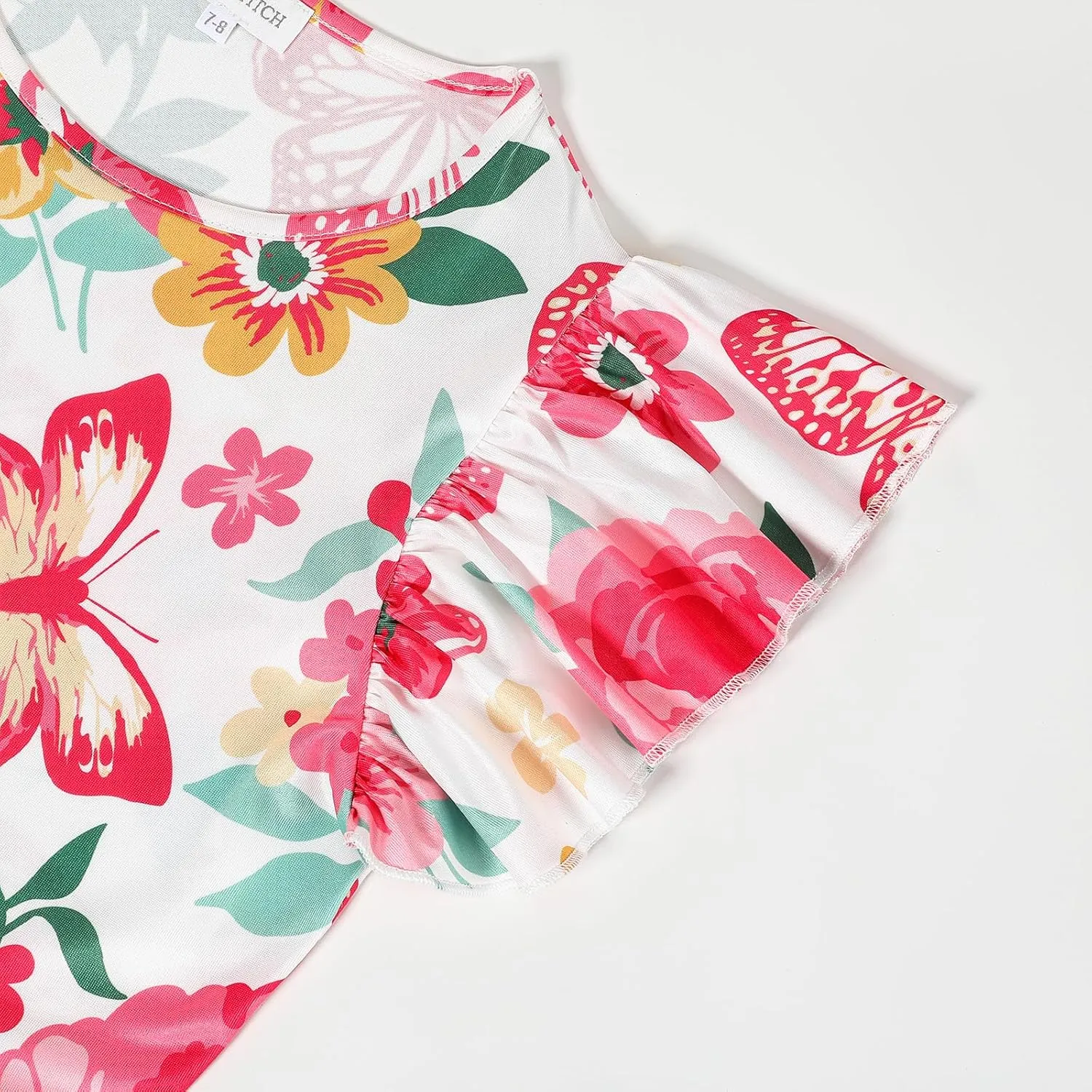 Girls Floral Boho Dress with Flutter Ruffle Sleeves - Summer Casual Holiday Sundress Flower Print Beach Dress 7-14 Years