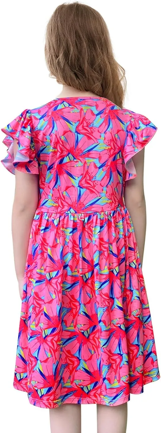 Girls Floral Boho Dress with Flutter Ruffle Sleeves - Summer Casual Holiday Sundress Flower Print Beach Dress 7-14 Years
