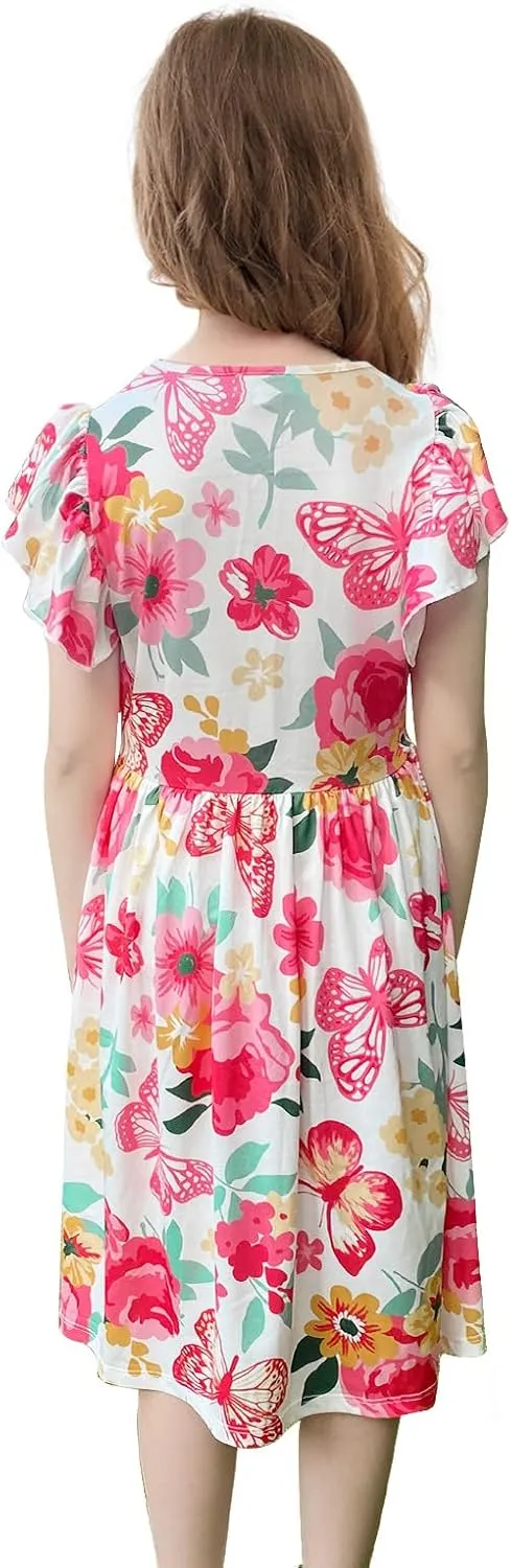 Girls Floral Boho Dress with Flutter Ruffle Sleeves - Summer Casual Holiday Sundress Flower Print Beach Dress 7-14 Years