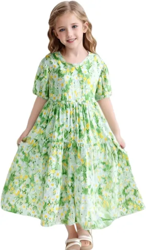 Girls Summer Maxi Dress Boho Flowy Tiered Beach Sundress Holiday Dresses 3-12Y