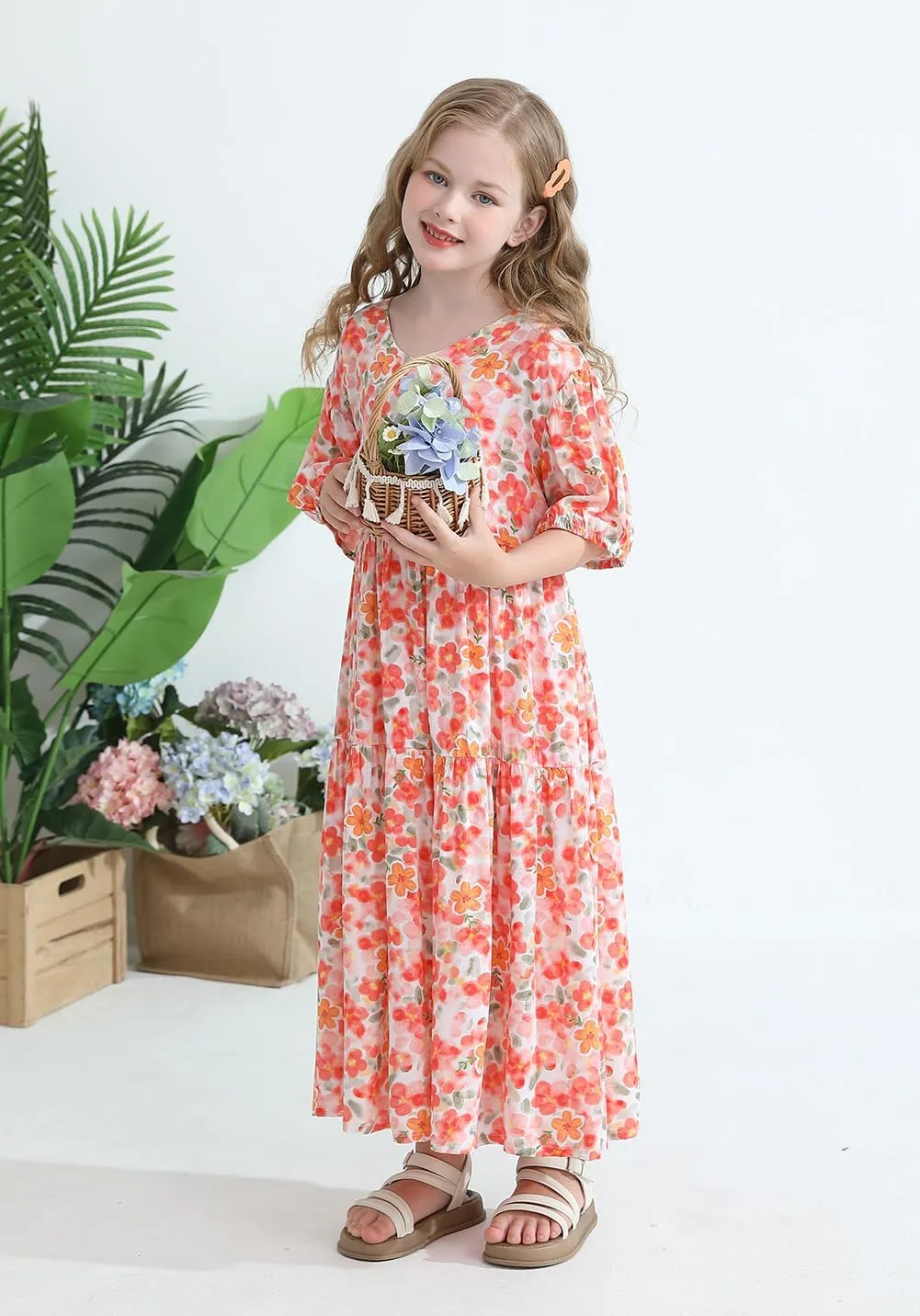 Girls Summer Maxi Dress Boho Flowy Tiered Beach Sundress Holiday Dresses 3-12Y