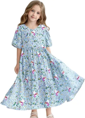 Girls Summer Maxi Dress Boho Flowy Tiered Beach Sundress Holiday Dresses 3-12Y