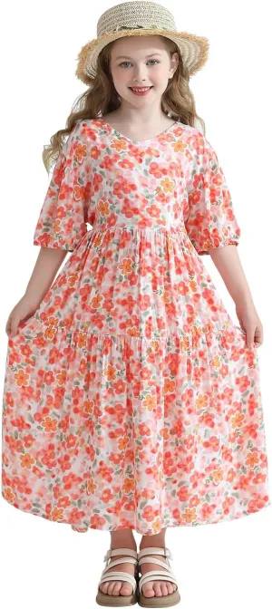 Girls Summer Maxi Dress Boho Flowy Tiered Beach Sundress Holiday Dresses 3-12Y