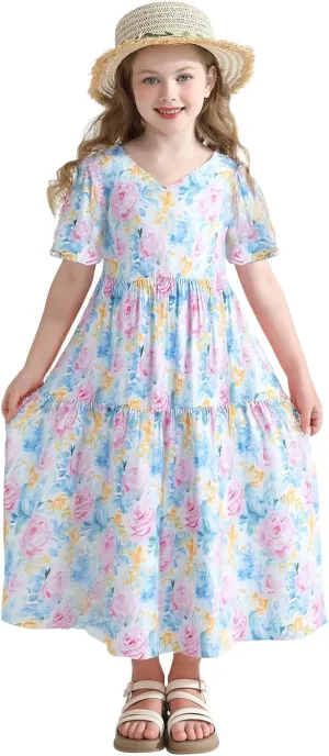 Girls Summer Maxi Dress Boho Flowy Tiered Beach Sundress Holiday Dresses 3-12Y