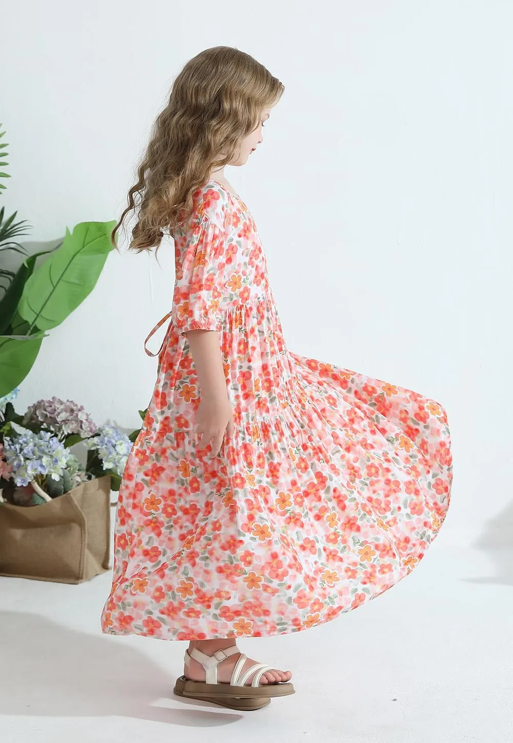 Girls Summer Maxi Dress Boho Flowy Tiered Beach Sundress Holiday Dresses 3-12Y