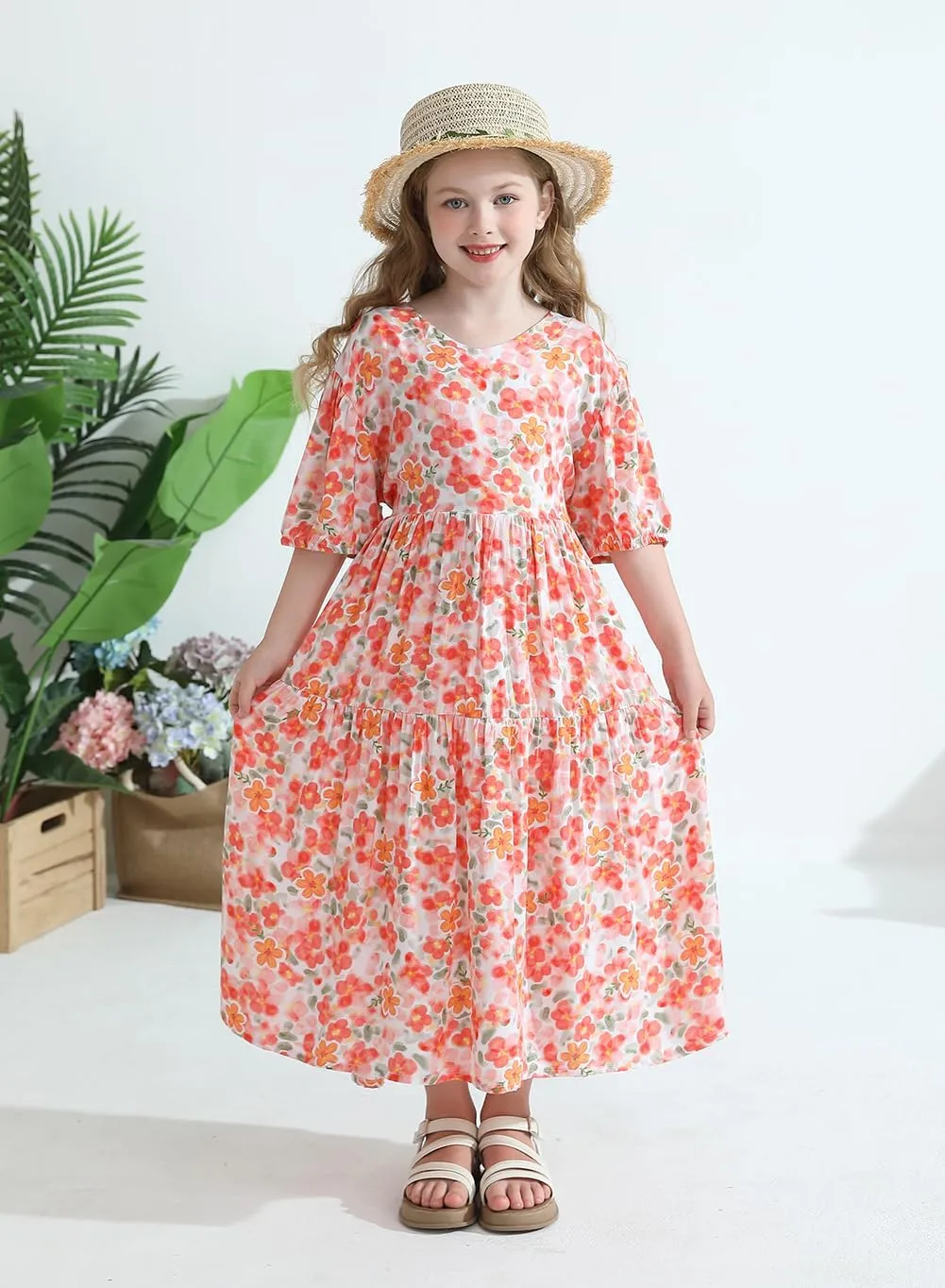 Girls Summer Maxi Dress Boho Flowy Tiered Beach Sundress Holiday Dresses 3-12Y