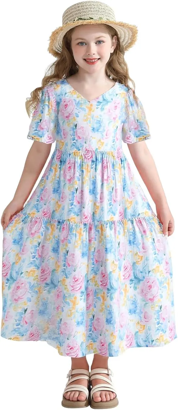 Girls Summer Maxi Dress Boho Flowy Tiered Beach Sundress Holiday Dresses 3-12Y