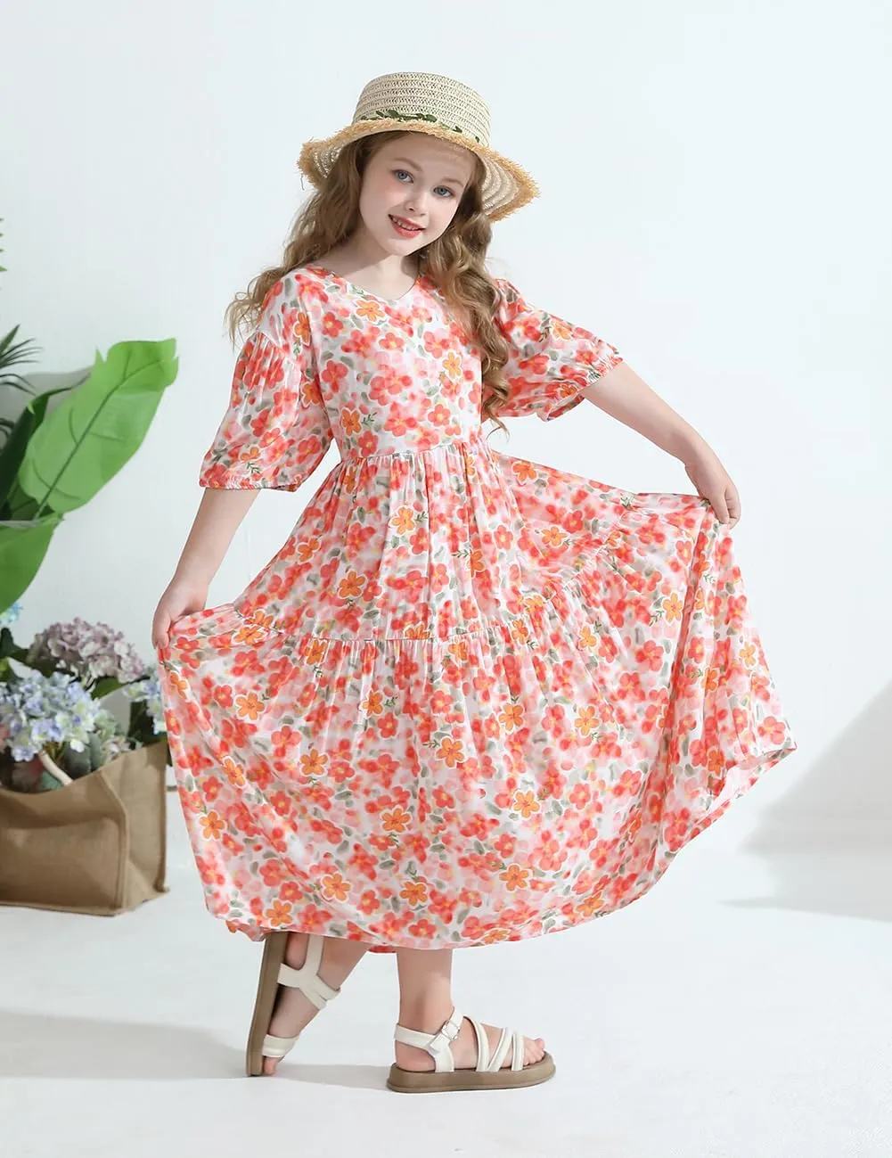 Girls Summer Maxi Dress Boho Flowy Tiered Beach Sundress Holiday Dresses 3-12Y