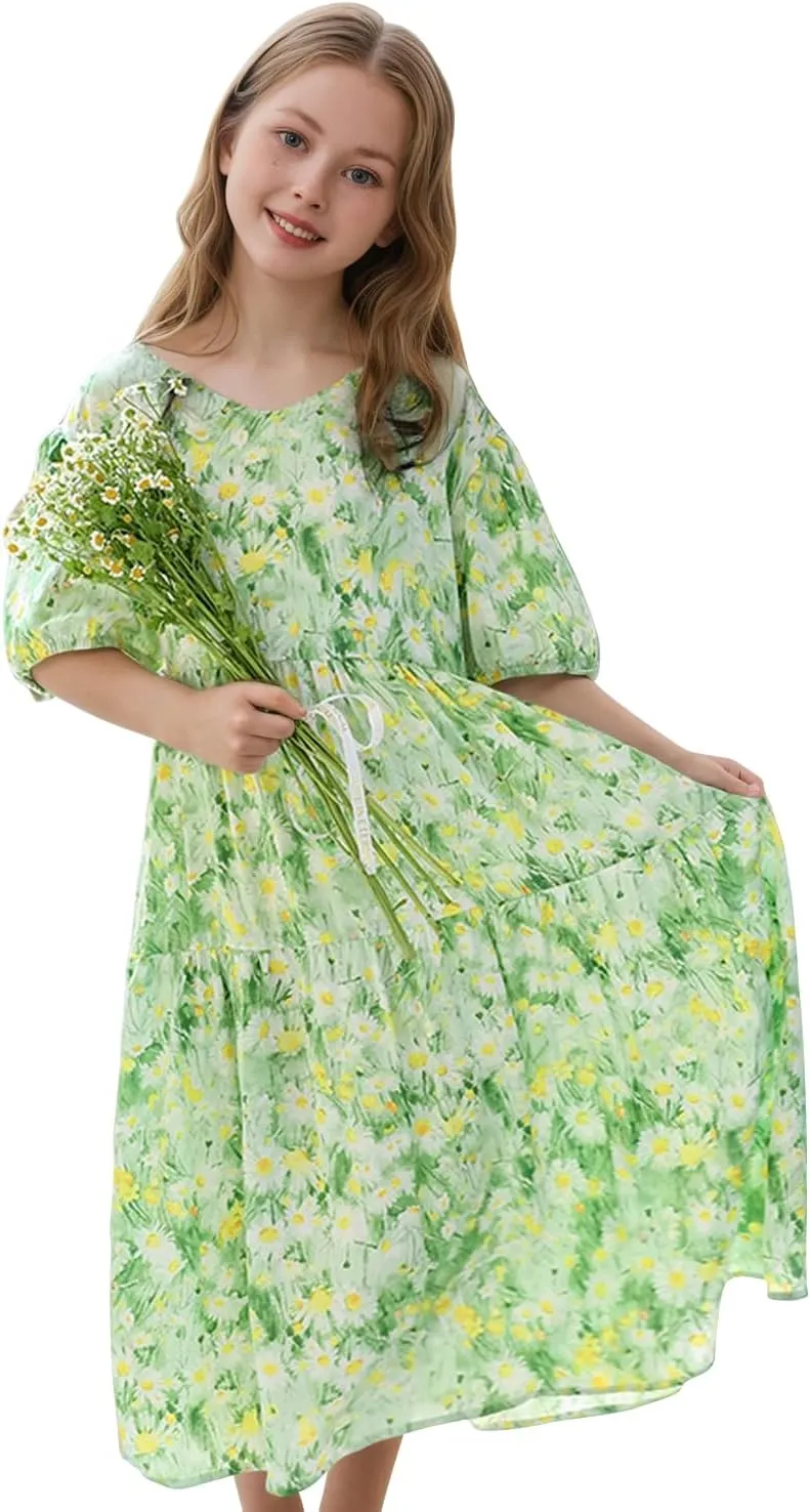 Girls Summer Maxi Dress Boho Flowy Tiered Beach Sundress Holiday Dresses 3-12Y