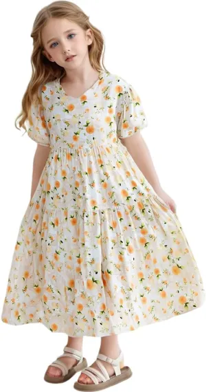 Girls Summer Maxi Dress Boho Flowy Tiered Beach Sundress Holiday Dresses 3-12Y