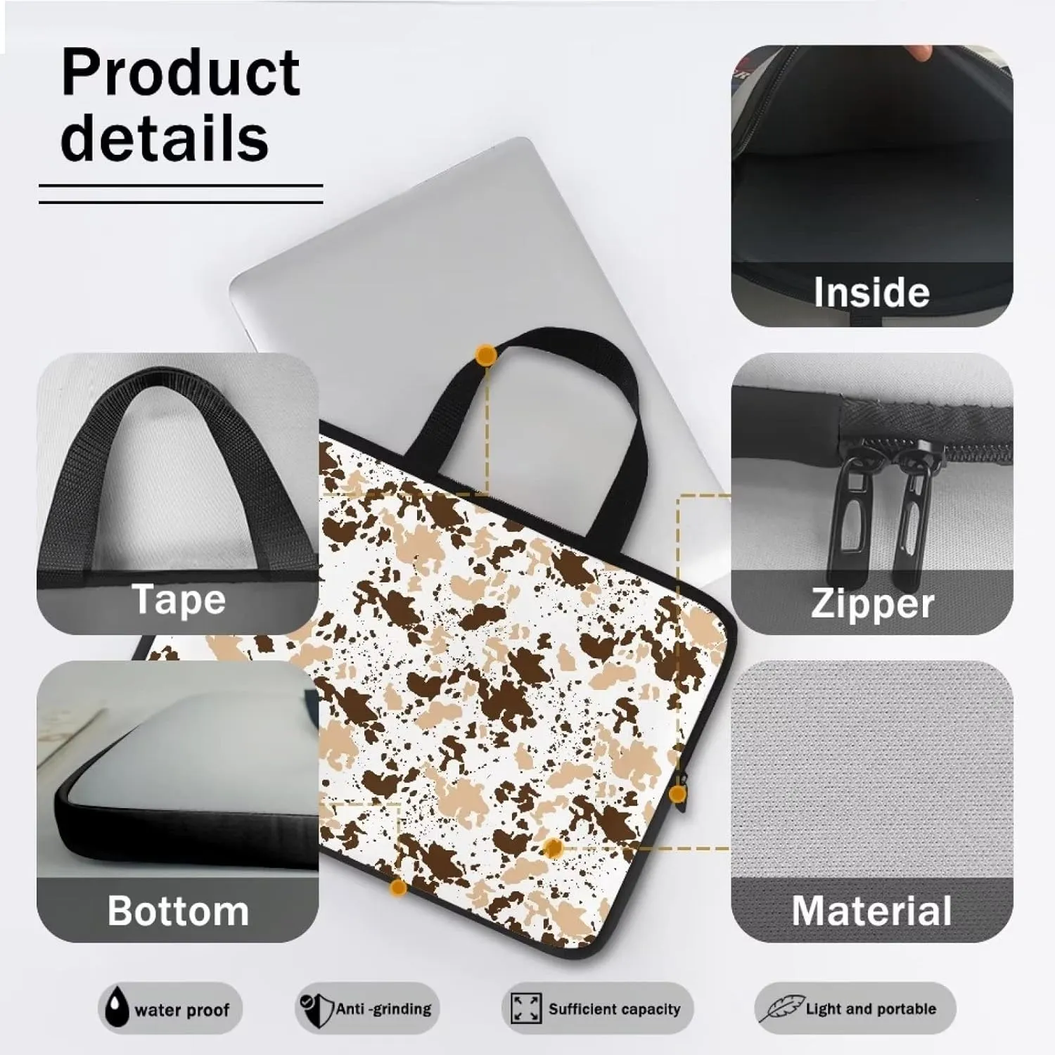 Gomyblomy Brown Cow Print Universal Laptop Bag, Fashionable Large Capacity Computer Handbag, Professional Business Work Briefcase, Suitable for 13 Inch Laptop