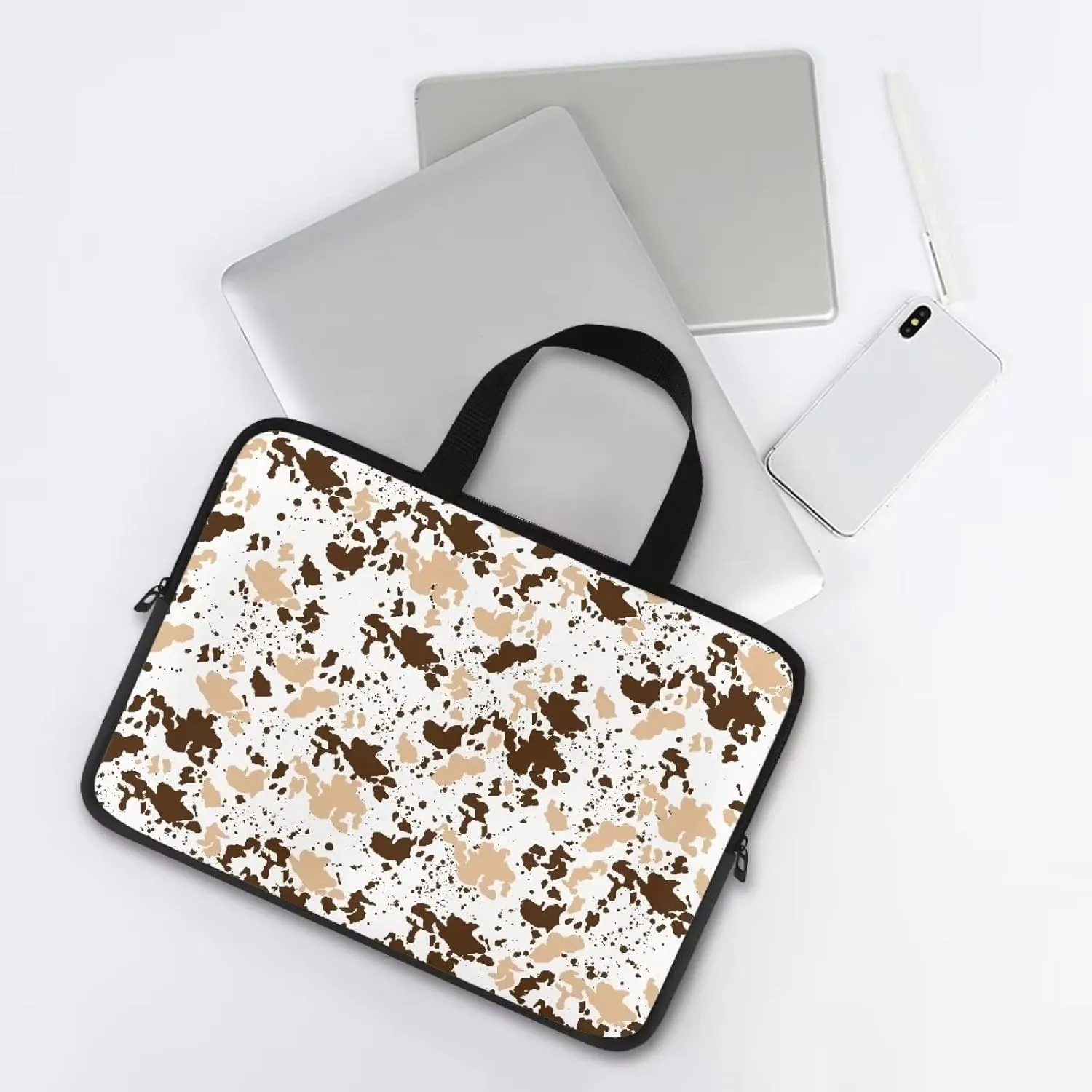 Gomyblomy Brown Cow Print Universal Laptop Bag, Fashionable Large Capacity Computer Handbag, Professional Business Work Briefcase, Suitable for 13 Inch Laptop