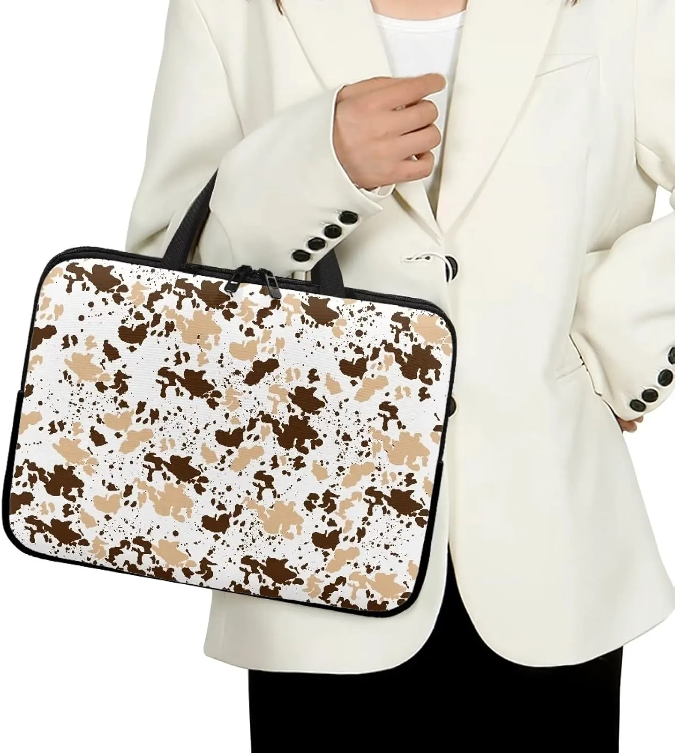 Gomyblomy Brown Cow Print Universal Laptop Bag, Fashionable Large Capacity Computer Handbag, Professional Business Work Briefcase, Suitable for 13 Inch Laptop