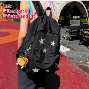 Grunge Backpack with Adorable Accessory Aesthetic Backpack Cute Backpacks Waterproof (Black)