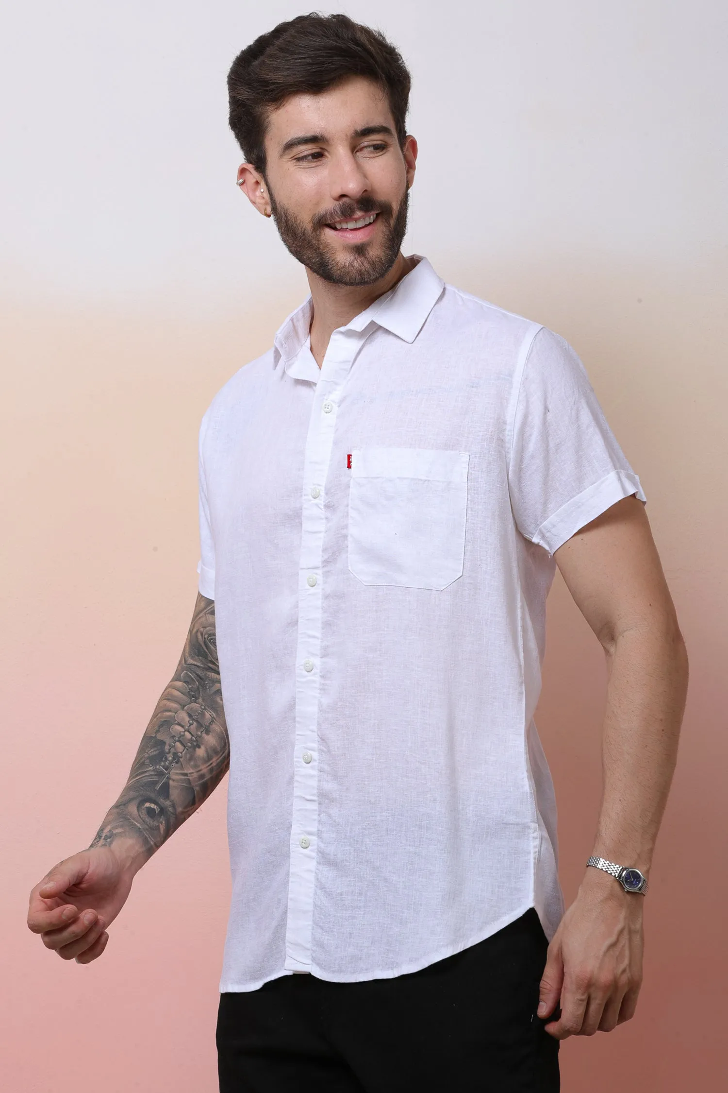 Halfsleeve White Linen Plain Shirt