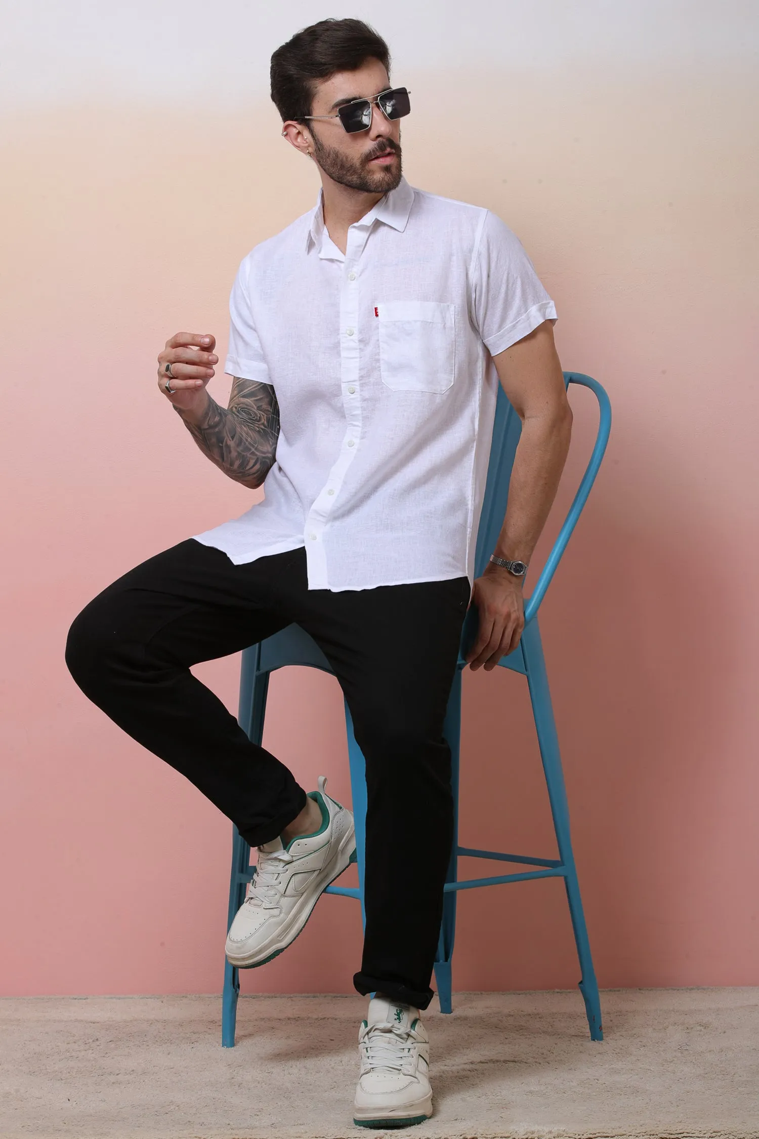 Halfsleeve White Linen Plain Shirt
