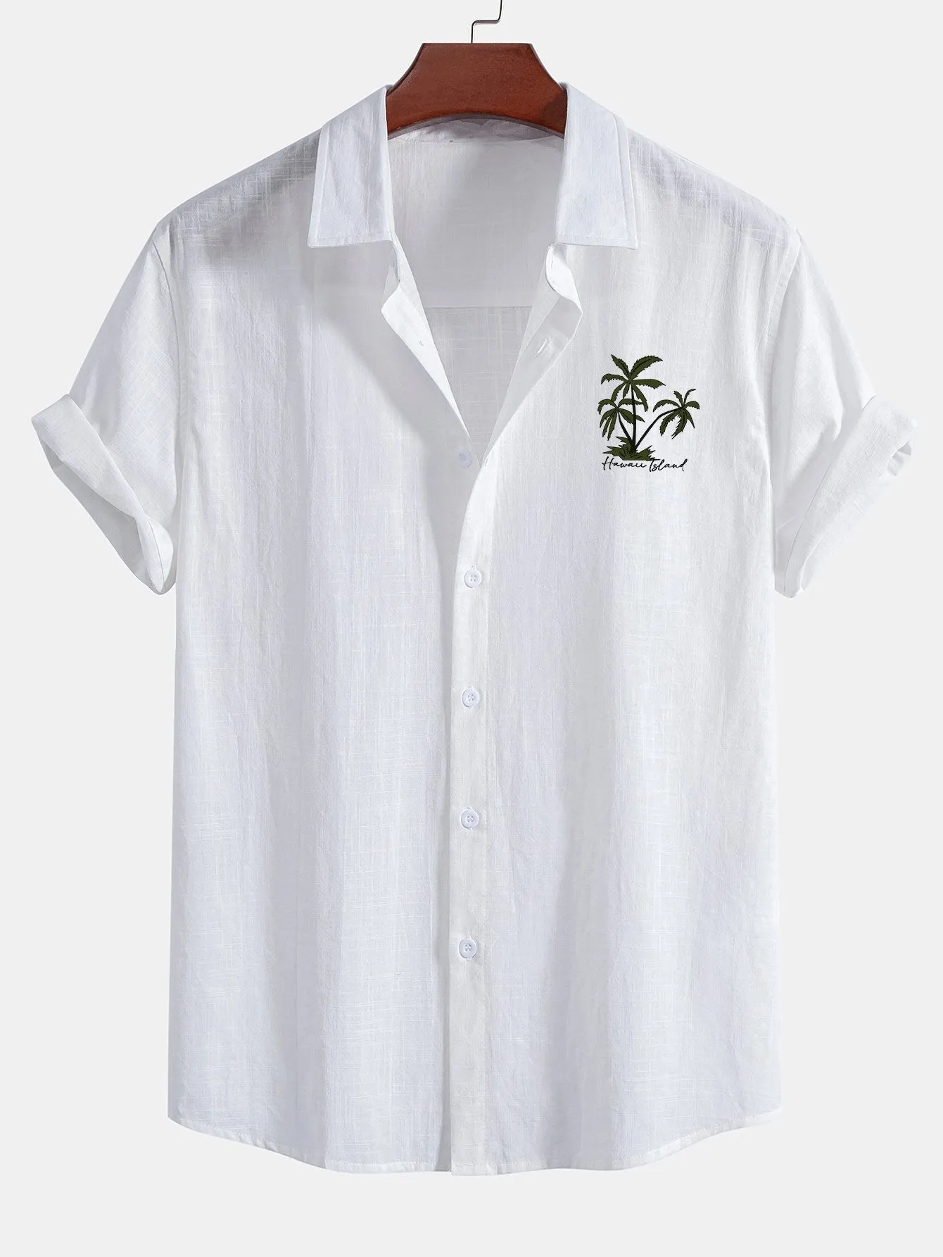 Hawaii Palm Tree Print Linen Look Cotton Button Up Shirt & Linen Cotton Blend  Striped Shorts