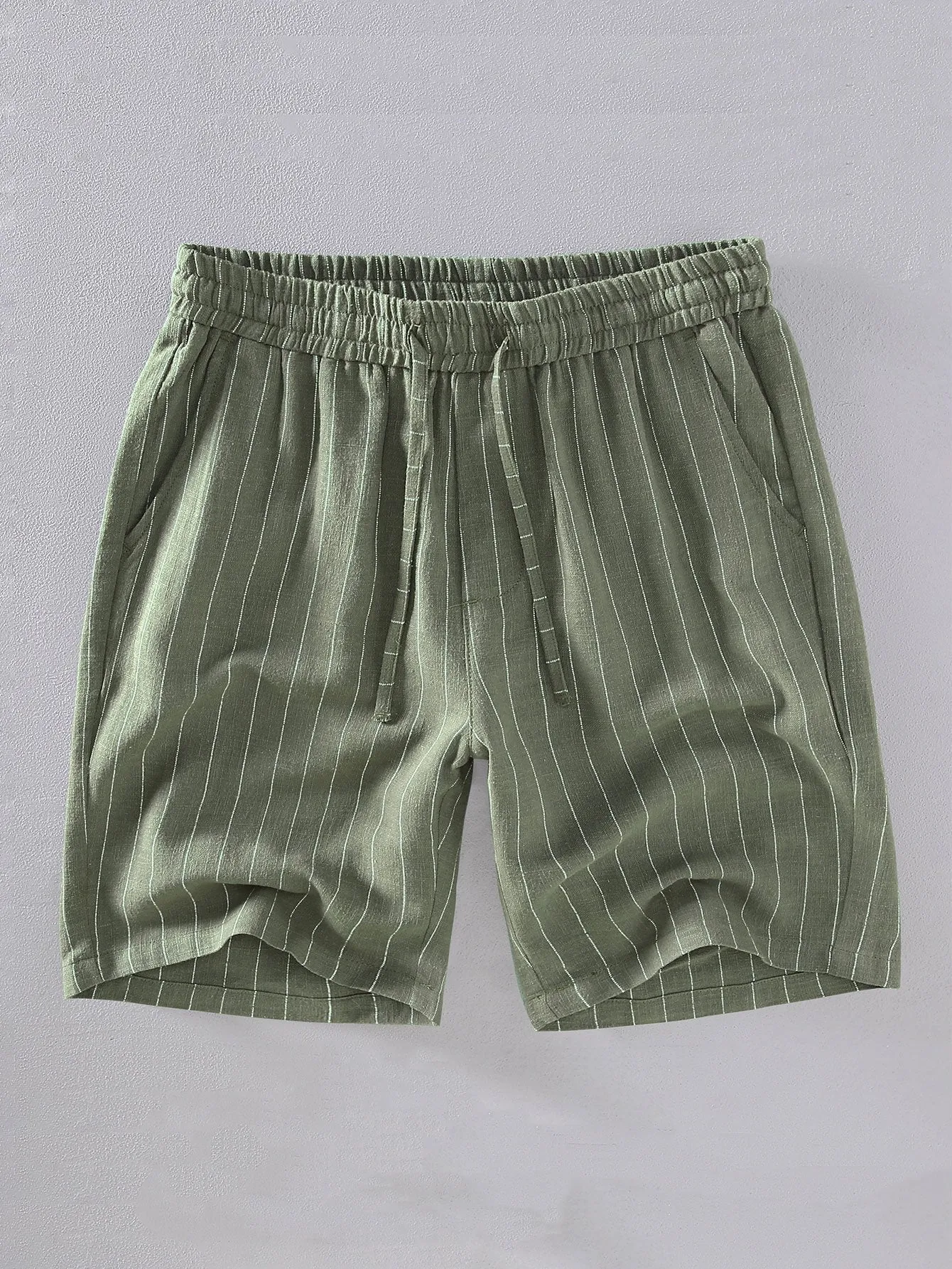 Hawaii Palm Tree Print Linen Look Cotton Button Up Shirt & Linen Cotton Blend  Striped Shorts