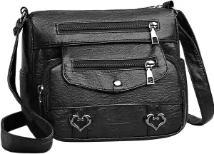 Heart Decor Crossbody Bag Vintage PU Leather Shoulder Bag Women Pockets Purse Messenger Bags Purse for (Black, One Size)