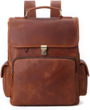 Hiking Daypacks Cowhide Travel Bags Casual Daypack Laptop Bags Mens Leather Backpacks Briefcases Bookbags (Brown)