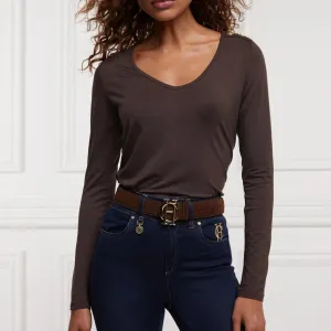 Holland Cooper Long Sleeve V-Neck Tee in Coffee