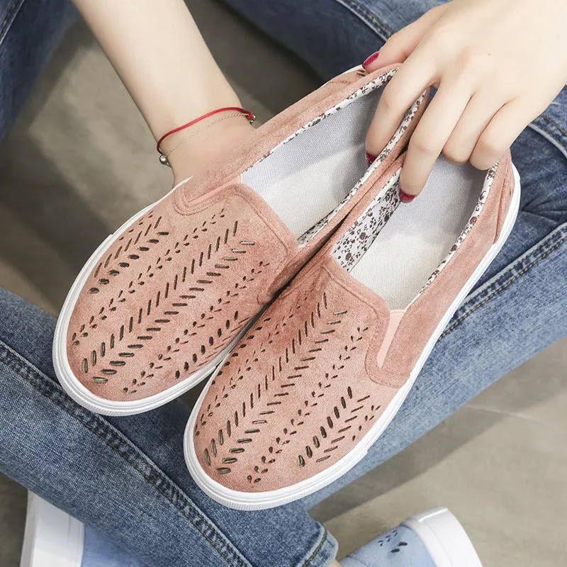 Hollow Out Pure Color Canvas Round Toe Flats Casual Shoes